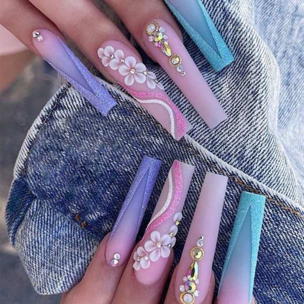 24pcs Gradient Pink & Purple Rhinestone Decorated Long Ballet Press On Nails